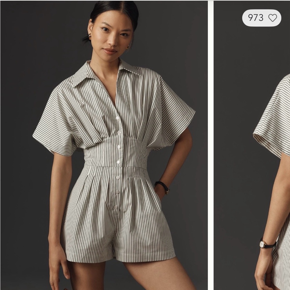 The Tobie Pleated Romper- Green stripe. Exquise from Anthropologie